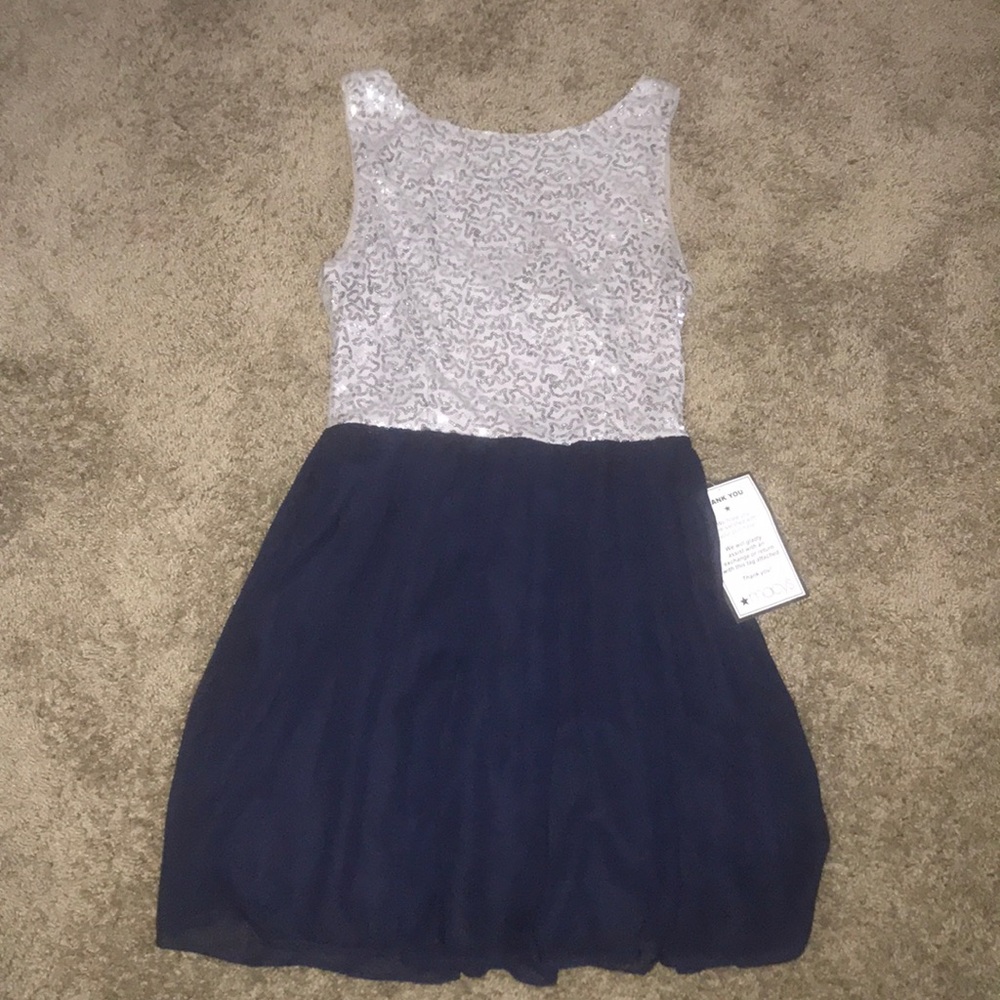 Silver sequined and navy blue dress